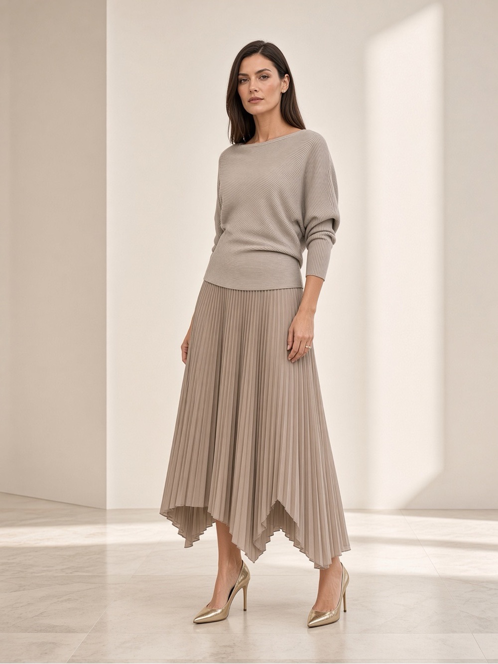 Reiss Jodie Skirt in Greige. Pleated Handkerchief Hem Skirt